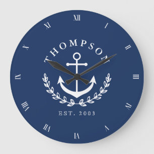 Navy White Anchor Wreath Nautic Name & Year Est Große Wanduhr