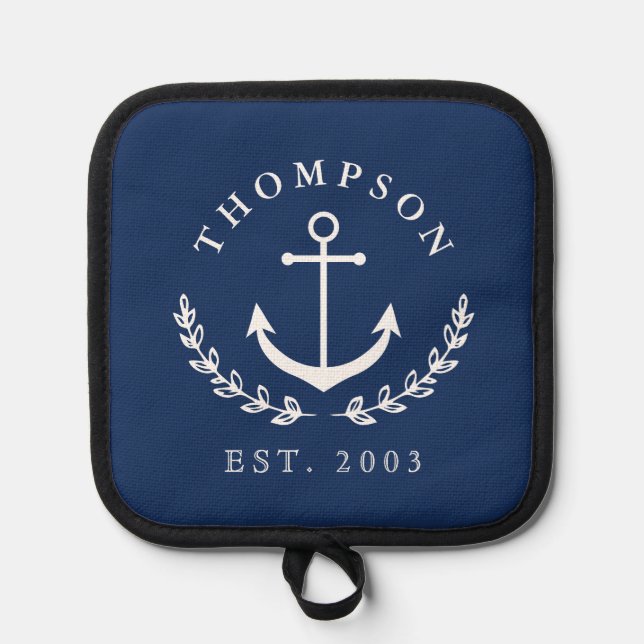 Navy White Anchor Wreath Nautic Name & Year Est Topflappen (Vorderseite)