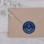 Navy White Anchor Wreath Nautical Name Wedding Runder Aufkleber<br><div class="desc">Nautical wedding envelope seal in blue with your name in an arch above a white anchor and a half wreath of greenery. Anchor wedding envelope seal in blue and white.</div>