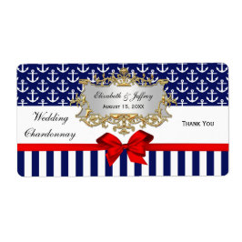 Navy White Anchors Stripe Red Bow Party Weinetiket