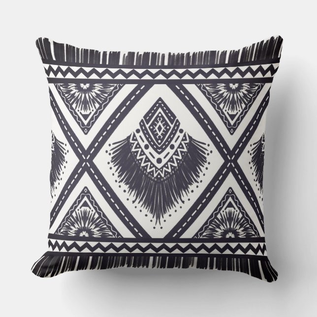Navy White Boho Gemustert Throw Kissen (Vorderseite)