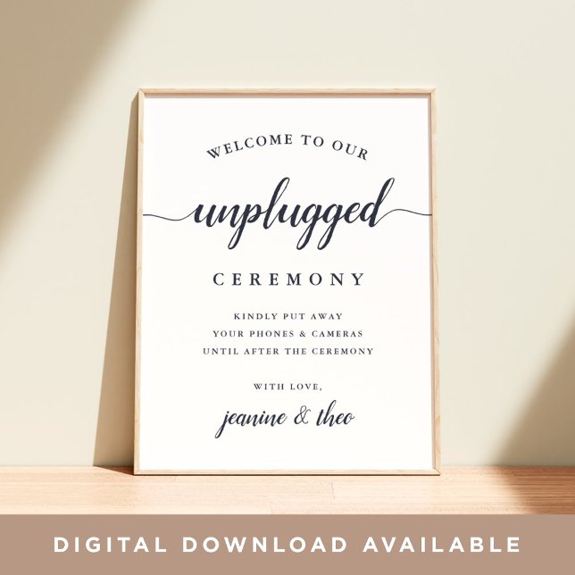 Navy & White Calligraphy Unplugged Wedding Sign Poster (Von Creator hochgeladen)