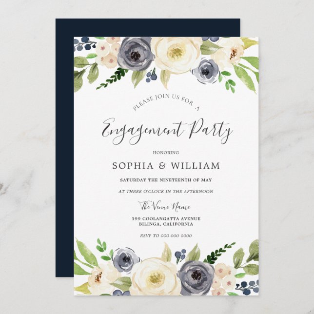 Navy & White Champagne Floral Engagement Party Einladung (Vorne/Hinten)