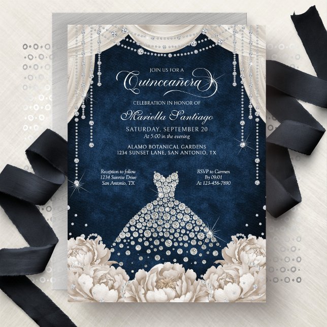 Navy White Diamond Floral Quinceanera Invitation Einladung (Von Creator hochgeladen)