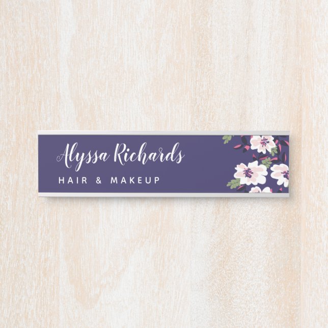 Navy & White Floral Beauty Make-up Fair Türschild (Vorderseite )