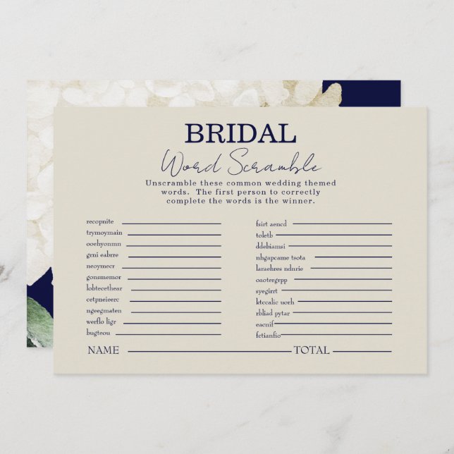 Navy White Floral Brautparty Word Scramble Game Einladung (Vorne/Hinten)