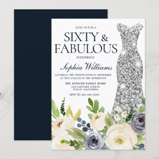 Navy & White Floral Diamond Kleid 60. Geburtstag Einladung