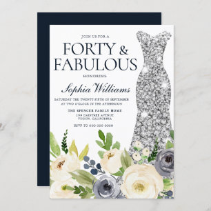 Navy & White Floral Silver Dress 40. Geburtstag Einladung