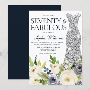 Navy White Floral Silver Dress 70. Geburtstag Einladung