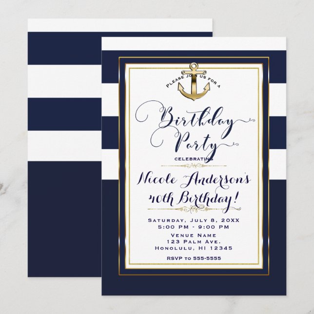 Navy White & Gold Anchor Nautical Birthday Party Einladung (Vorne/Hinten)