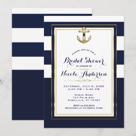 Navy White & Gold Anchor Nautical Brautparty Einladung