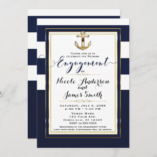 Navy White & Gold Anchor Nautical Engagement Party Einladung