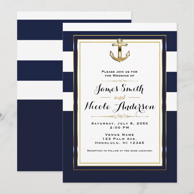 Navy White & Gold Anchor Nautical Stripes Wedding Einladung (Vorne/Hinten)