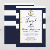 Navy White & Gold Anchor Nautical SWEET 16 Party