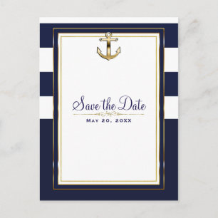 Navy White & Gold Anchor Save the Date Ankündigungspostkarte