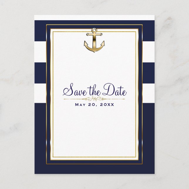 Navy White & Gold Anchor Save the Date Ankündigungspostkarte (Vorderseite)