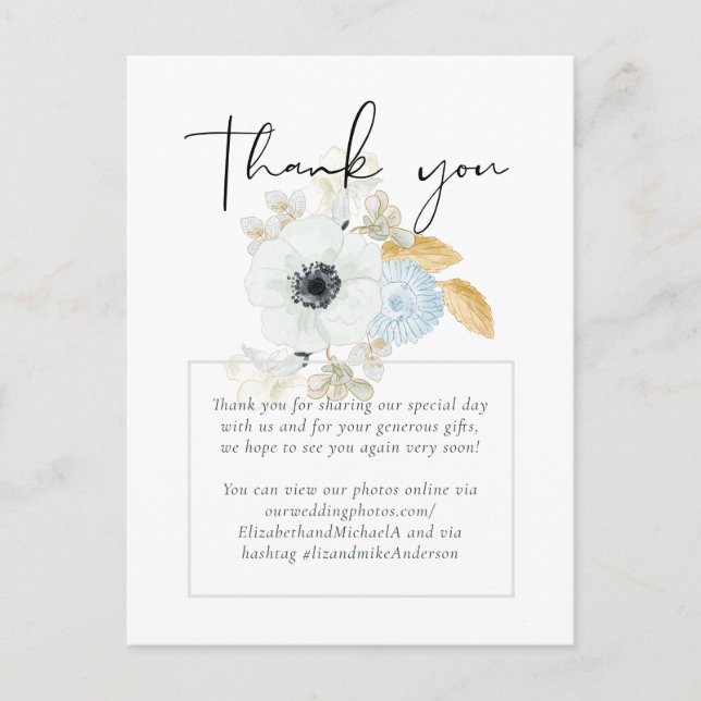 Navy White Gold Floral Wedding Danke Budget Postkarte (Vorderseite)