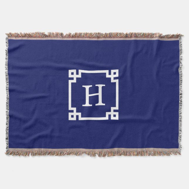 Navy White Greece Key Frame #2 Initial Monogram Decke (Vorderseite)