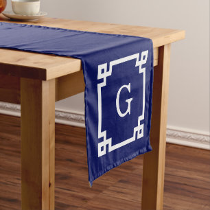 Navy White Greece Key Frame #2 Initial Monogram Kurzer Tischläufer