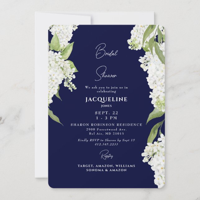 Navy White Hydrangeas-Brautparty Einladung (Vorderseite)