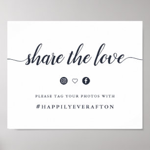 Navy & White Kalligrafie-Hochzeits-Hashtag-Schild Poster
