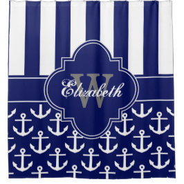 Navy White LG Anchor Strip 1ICBR Monogramm Duschvorhang