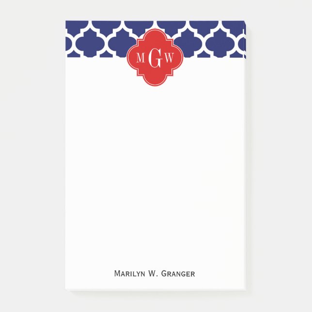 Navy White Marokkaner #5 Red 3 Initial Monogram Post-it Klebezettel (Vorderseite)