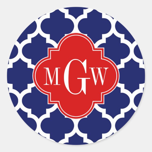 Navy White Marokkaner #5 Red 3 Initial Monogram Runder Aufkleber (Vorderseite)