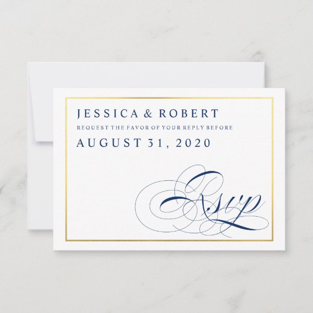 Navy & White mit Imitats Gold Wedding RSVP Card Karte (Vorderseite)