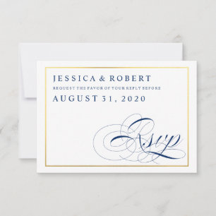 Navy & White mit Imitats Gold Wedding RSVP Card Karte