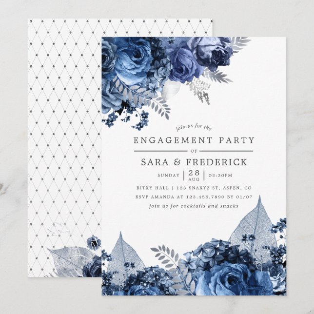 Navy & White mit Silver Foil Engagement Party Einladung (Vorne/Hinten)