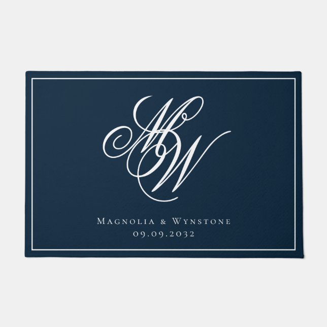 Navy White Monogram Couple Fußmatte (Vorderseite)