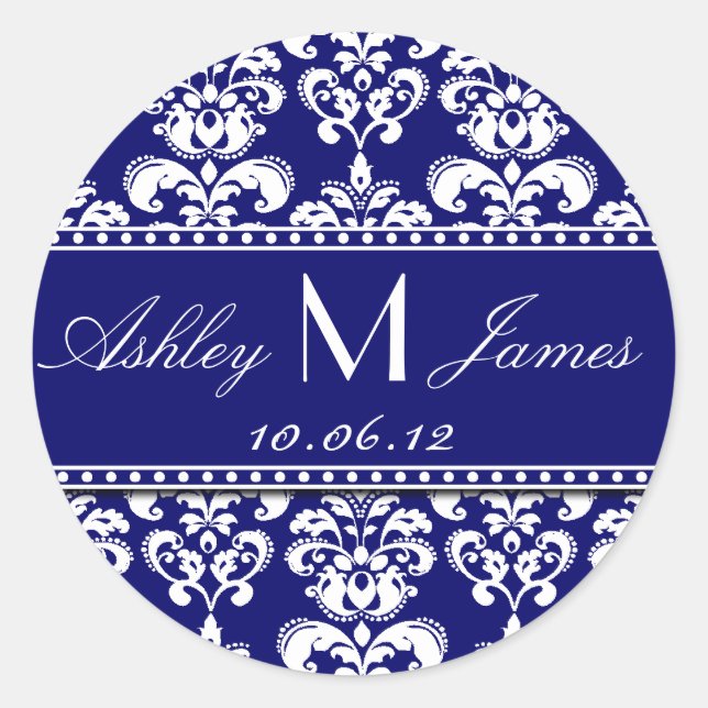 Navy White Monogram Damask Save the Date Stickers (Vorderseite)