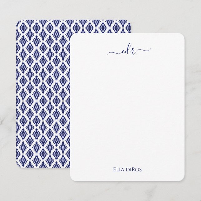 Navy/White Monogram Note Card Mitteilungskarte (Vorne/Hinten)