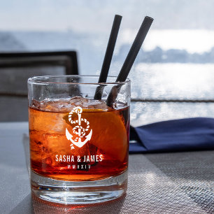 Navy & White Nautic Rope & Anchor Gastgeschenk Hoc Whiskyglas