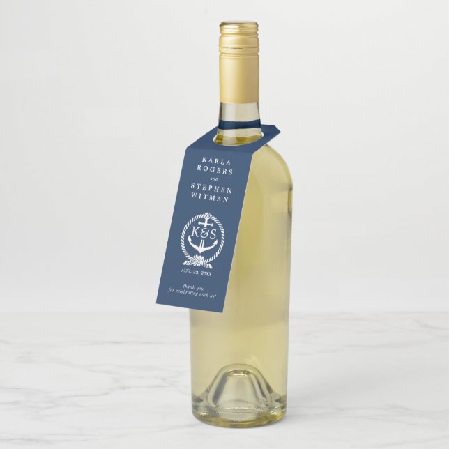 Navy & White Nautical Anchor & Rope Knot Flaschenanhänger (Angewinkelt)