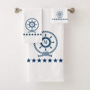 Navy White Nautical Boat Wheel Knot Monogram Badhandtuch Set