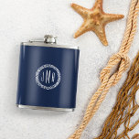 Navy & White Nautical Rope Monogram Flachmann<br><div class="desc">A unique personalized gift for groomsmen,  boating or sailing enthusiasts,  or anyone who loves classic coastal style,  our navy blue flask features your three initial monogram encircled by a white nautical rope badge.</div>