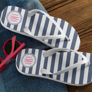 Navy & White Nautical Strip mit rosa Monogramm Flip Flops