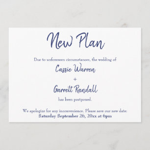 Navy White New Date Zurückgestellt Hochzeitsankünd Einladung
