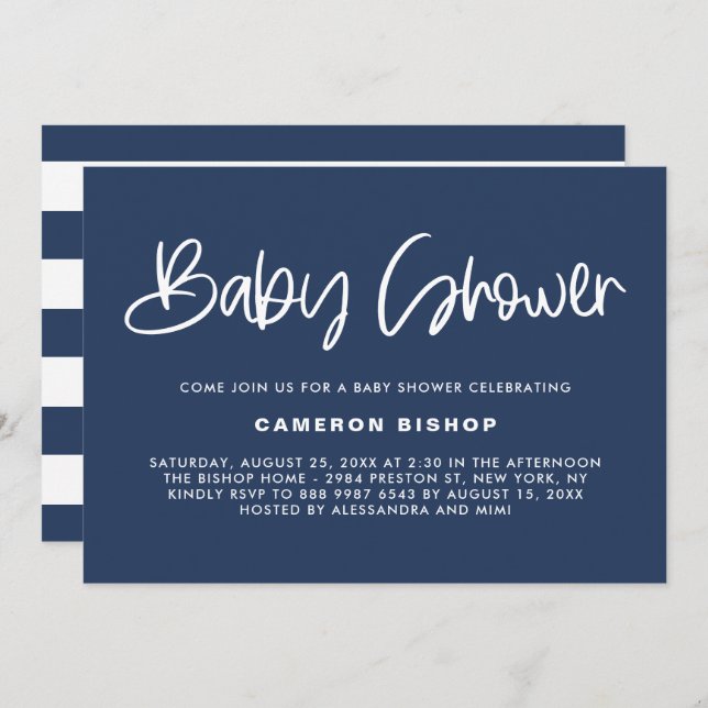 Navy & White Niedlich Modern Calligraphy Baby Show Einladung (Vorne/Hinten)