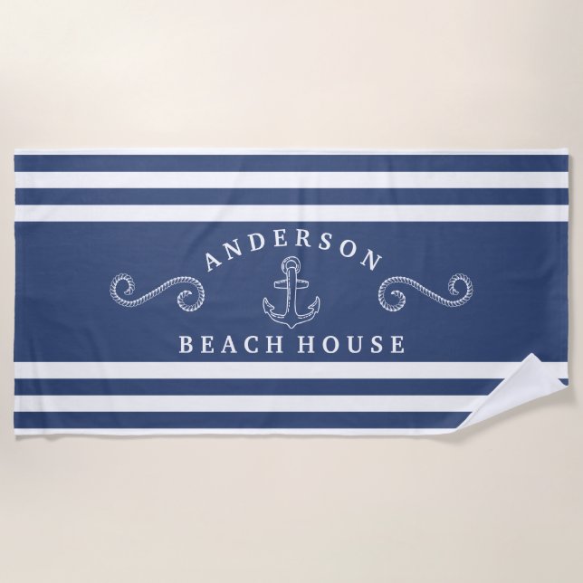 Navy & White Personalisiert Nautic Beach House Strandtuch (Vorderseite)