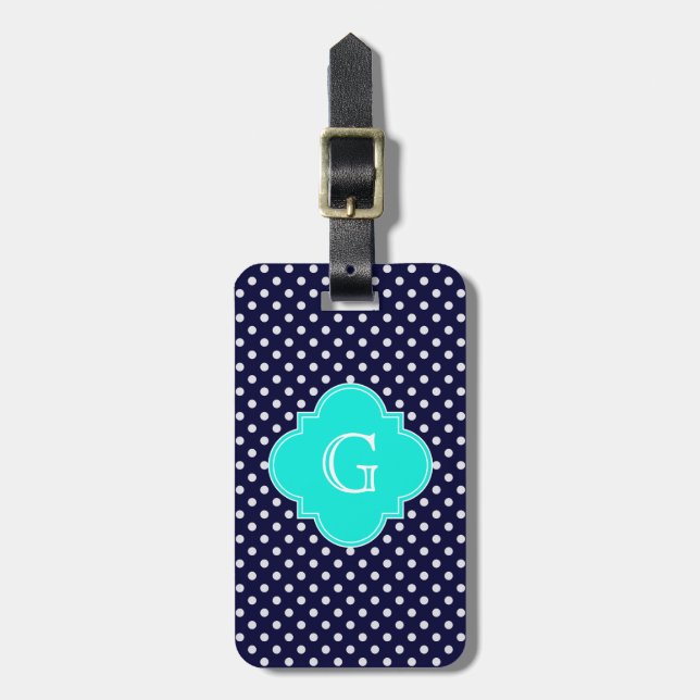 Navy White Polka Dot Aqua Quatrefoil Monogramm Gepäckanhänger (Vorderseite vertikal)