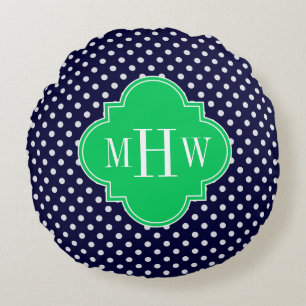 Navy White Polka Dot Emerald Quatrefoil 3 Rundes Kissen