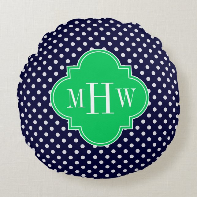 Navy White Polka Dot Emerald Quatrefoil 3 Rundes Kissen (Vorderseite)