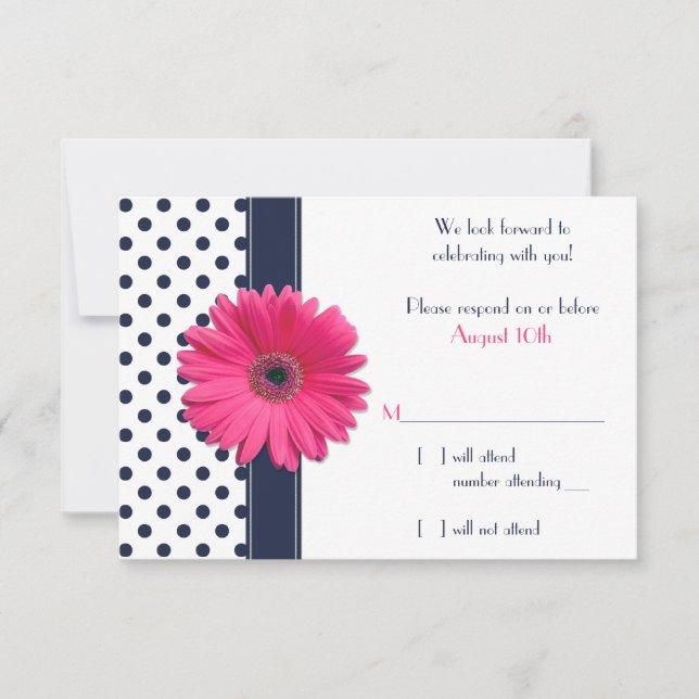 Navy White Polka Dot Pink Daisy Wedding RSVP Card (Vorderseite)