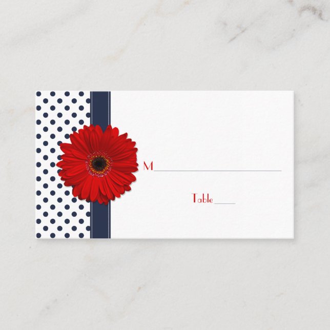 Navy White Polka Dot Red Gerber Daisy Platzkarte (Vorderseite)