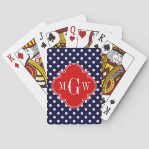 Navy White Polka Dot Red Quatrefoil 3 Monogramm Spielkarten
