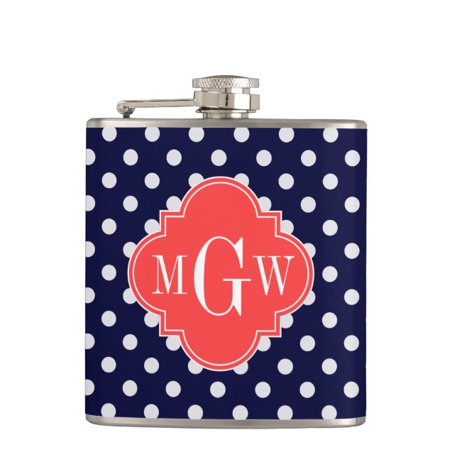 Navy White Polka Dots Coral Quatrefoil 3 Flachmann (Vorderseite)