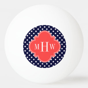 Navy White Polka Dots Coral Quatrefolie 3 Monogram Tischtennisball